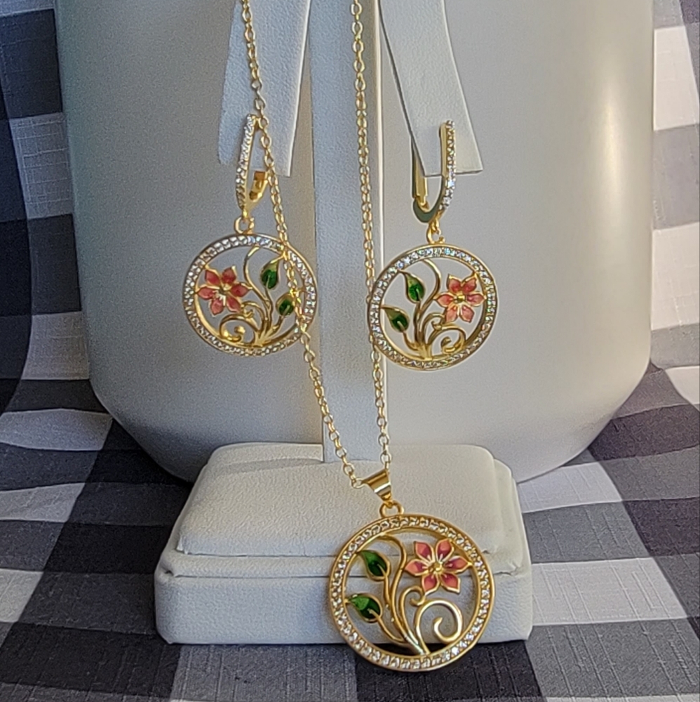Round Dangle Bling FLOWER EARRINGS Matching Necklace Valentines Women Gift Set